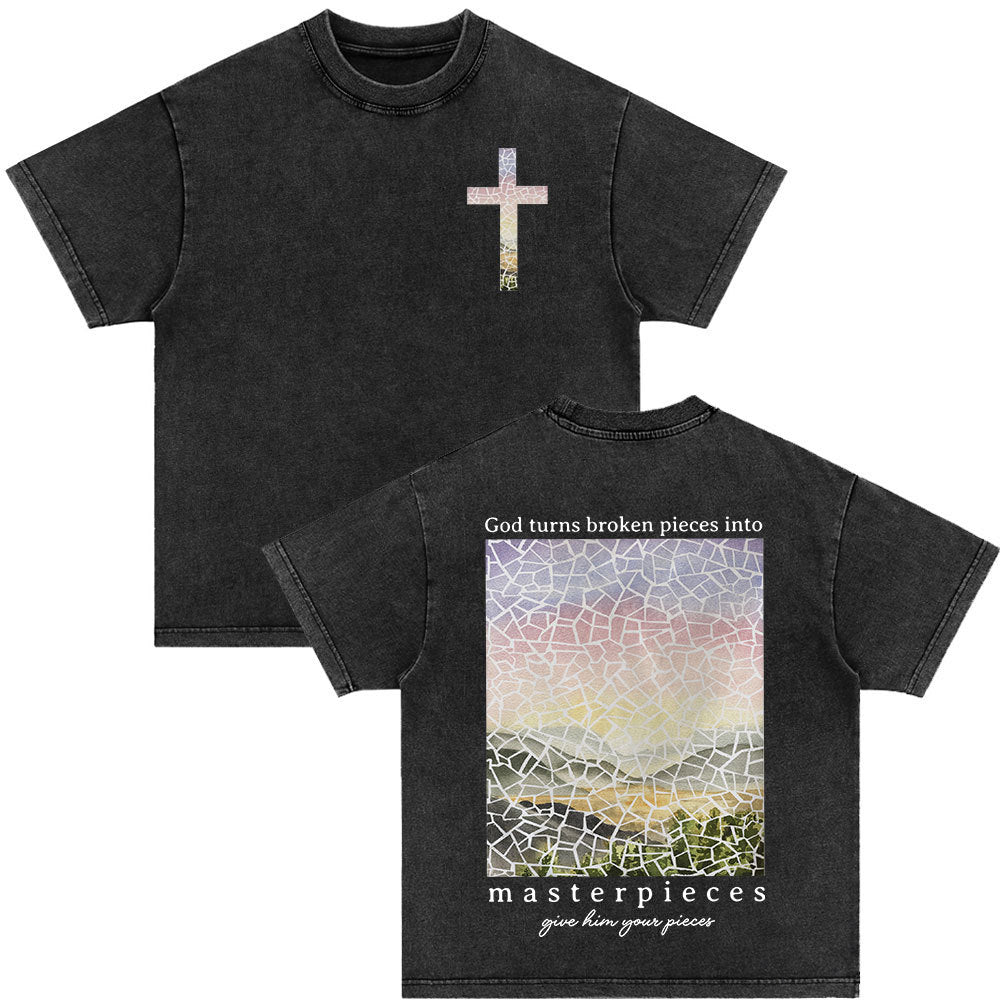 Cross Printed Short Sleeve Washed Black